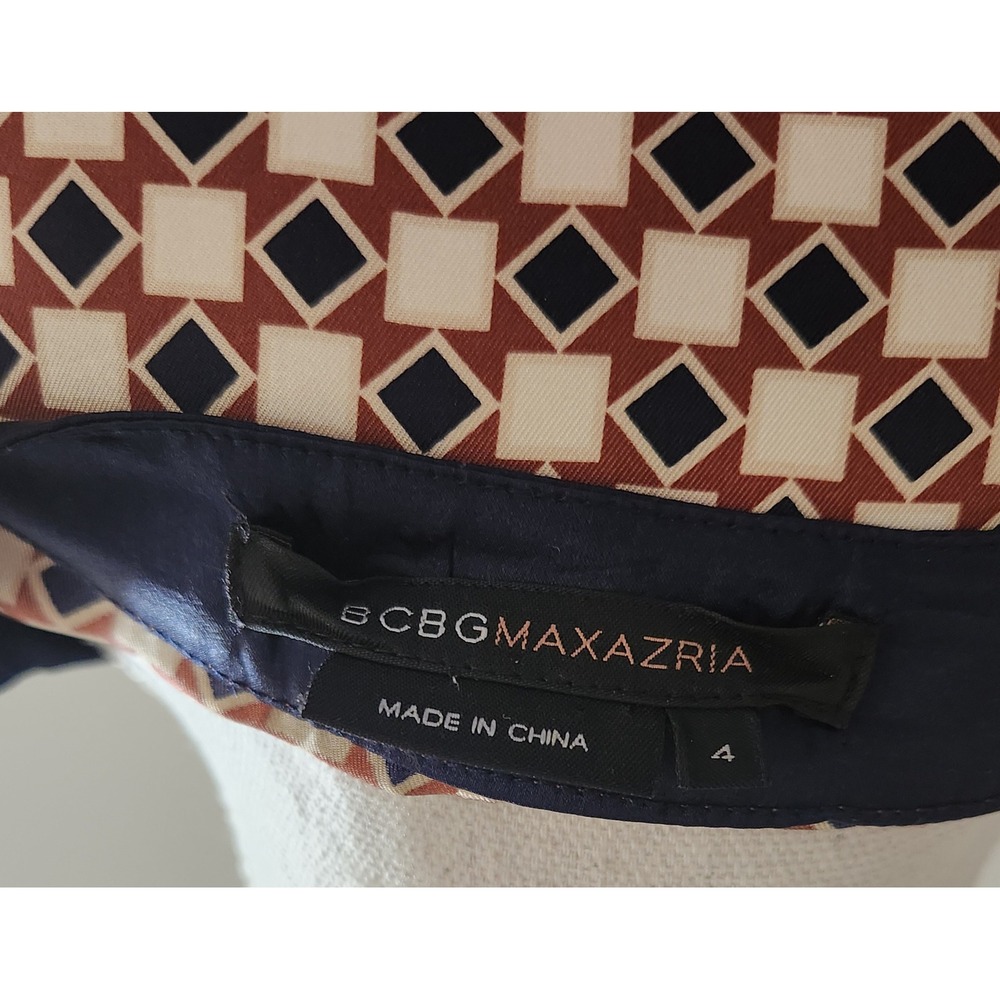BCBGMAXAZRIA 100% Silk Geometric Print Wrap* Midi Dress Navy - Tan - Rust Size 4 - Picture 4 of 10